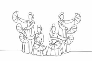 Single continuous line drawing group of women wearing Hanbok posing doing fan dance. Introducing traditions in a unique way. Local customs. Art. Fan Dance Day. One line design illustration vector