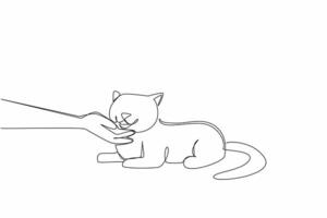 Single continuous line drawing hand stroking a cat. Caress full of affection. A very adorable fluffy cat. Look after, care for and love sincerely. National Pet Day. One line design illustration vector