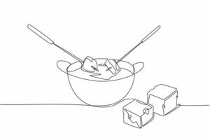 Single continuous line drawing pan containing liquid cheese. Long fork is a tool to help eat food. Stay warm when the weather gets cold. National Cheese Fondue Day. One line design illustration vector