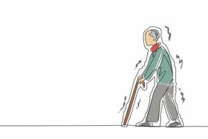 Single continuous line drawing Grandpa walks using cane. Shaking when walking. Difficulty balancing body condition. Not in good health. Aging of the nervous system. One line design illustration vector