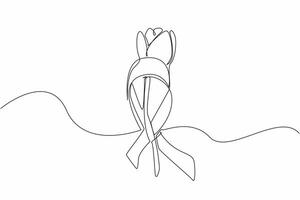 Continuous one line drawing stemmed red tulips were placed in the middle of gray campaign ribbons. Symbol of concern and sensitivity towards sufferers. Single line draw design illustration vector