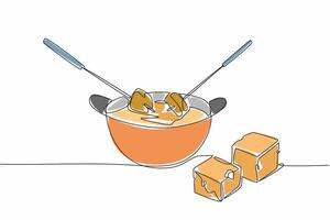 Single continuous line drawing pan containing liquid cheese. Long fork is a tool to help eat food. Stay warm when the weather gets cold. National Cheese Fondue Day. One line design illustration vector