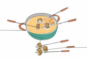 Single one line drawing pan containing liquid cheese. Bread slices dipped in warm cheese. Unique but still delicious way to eat. National Cheese Fondue Day. Continuous line design graphic illustration vector