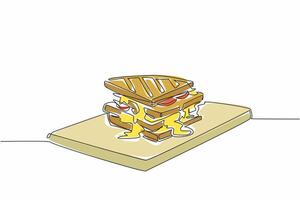Single continuous line drawing several layers of grilled cheese sandwich with melted cheese on a cutting board. Large portion. National Grilled Cheese Sandwich Day. One line design illustration vector