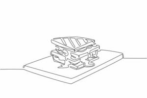 Single continuous line drawing several layers of grilled cheese sandwich with melted cheese on a cutting board. Large portion. National Grilled Cheese Sandwich Day. One line design illustration vector