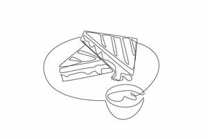 Continuous one line drawing 2 pieces of grilled cheese sandwich stacked with melted cheese on a plate. Appetizer. National Grilled Cheese Sandwich Day. Single line draw design illustration vector