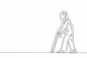 Single continuous line drawing Grandpa walks using cane. Shaking when walking. Difficulty balancing body condition. Not in good health. Aging of the nervous system. One line design illustration vector