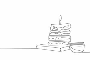 Single continuous line drawing multiple layers of grilled cheese sandwich with melted cheese. More delicious with chili sauce. National Grilled Cheese Sandwich Day. One line design illustration vector