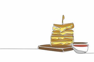 Single continuous line drawing multiple layers of grilled cheese sandwich with melted cheese. More delicious with chili sauce. National Grilled Cheese Sandwich Day. One line design illustration vector