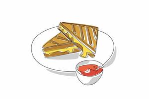 Continuous one line drawing 2 pieces of grilled cheese sandwich stacked with melted cheese on a plate. Appetizer. National Grilled Cheese Sandwich Day. Single line draw design illustration vector