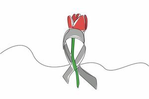Continuous one line drawing stemmed red tulips were placed in the middle of gray campaign ribbons. Symbol of concern and sensitivity towards sufferers. Single line draw design illustration vector