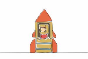 Single one line drawing boy riding a big cardboard rocket wearing cardboard helmet. Aspires to be a spaceship builder that flies to moon. Cosmonautics Day. Continuous line design graphic illustration vector