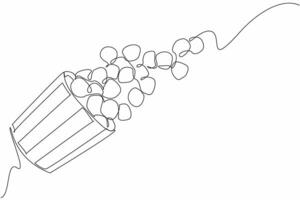 Single one line drawing caramel popcorn flying from a striped paper container. A snack metaphor that makes float. Munchies. National Caramel Popcorn Day. Continuous line design graphic illustration vector