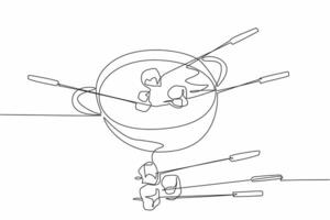 Single one line drawing pan containing liquid cheese. Bread slices dipped in warm cheese. Unique but still delicious way to eat. National Cheese Fondue Day. Continuous line design graphic illustration vector