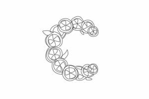 Single one line drawing orange fruit sliced orange and orange leaves arranged in a C shape. 1000 mg vitamin C. Daily needs. Zesty. National Vitamin C Day. Continuous line design graphic illustration vector