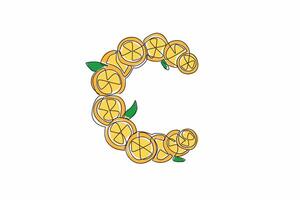 Single one line drawing orange fruit sliced orange and orange leaves arranged in a C shape. 1000 mg vitamin C. Daily needs. Zesty. National Vitamin C Day. Continuous line design graphic illustration vector