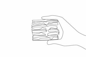 Continuous one line drawing hand holding several layers of grilled cheese sandwich. Devouring very quickly. Full. National Grilled Cheese Sandwich Day. Single line draw design illustration vector
