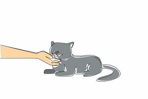 Single continuous line drawing hand stroking a cat. Caress full of affection. A very adorable fluffy cat. Look after, care for and love sincerely. National Pet Day. One line design illustration vector