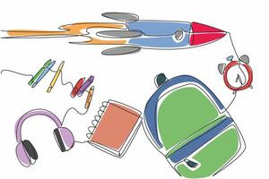 Continuous one line drawing rocket flies across notebook. Focus on studying to pursue the dreams. Study seriously every time. Make notes. Cosmonautics Day. Single line draw design illustration vector