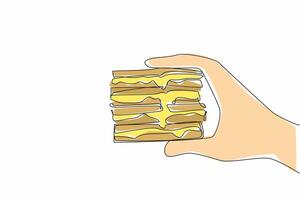 Continuous one line drawing hand holding several layers of grilled cheese sandwich. Devouring very quickly. Full. National Grilled Cheese Sandwich Day. Single line draw design illustration vector