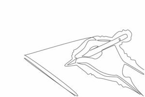 Single one line drawing hands writing on paper using a pencil and shaking. Suffering from motor disorders. Handwriting is not neat and difficult to read. Continuous line design graphic illustration vector