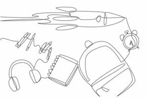 Continuous one line drawing rocket flies across notebook. Focus on studying to pursue the dreams. Study seriously every time. Make notes. Cosmonautics Day. Single line draw design illustration vector