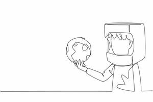 Single one line drawing boy wearing cardboard helmet holding miniature moon. Aspire as high as the moon. Become a spaceman. Cosmonaut. Cosmonautics Day. Continuous line design graphic illustration vector