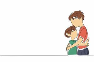 Single one line drawing two brothers hugging each other. After the conflict subsided, they forgave each other. Small disputes. Calm. National Siblings Day. Continuous line design graphic illustration vector