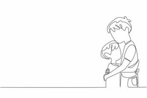 Single one line drawing two brothers hugging each other. After the conflict subsided, they forgave each other. Small disputes. Calm. National Siblings Day. Continuous line design graphic illustration vector