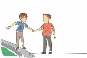 Continuous one line drawing boy holding his little brother walking on the edge of the sidewalk. Good example in the family. Guard. National Siblings Day. Single line draw design illustration vector