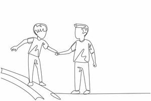 Continuous one line drawing boy holding his little brother walking on the edge of the sidewalk. Good example in the family. Guard. National Siblings Day. Single line draw design illustration vector