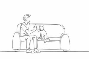 Single continuous line drawing man sitting on sofa with his cat while giving high five. Educated to be an obedient animal. Favorite pet. Bonding. National Pet Day. One line design illustration vector