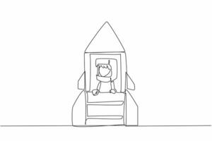 Single one line drawing boy riding a big cardboard rocket wearing cardboard helmet. Aspires to be a spaceship builder that flies to moon. Cosmonautics Day. Continuous line design graphic illustration vector