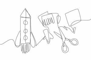 Single continuous line drawing rocket made from paper creations. Creation to commemorate the first astronaut on the lunar surface. Invention. Cosmonautics Day. One line design illustration vector