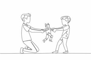 Continuous one line drawing two brothers fighting over a toy robot. Common conflicts in children. Fighting for unnecessary rights. National Siblings Day. Single line draw design illustration vector