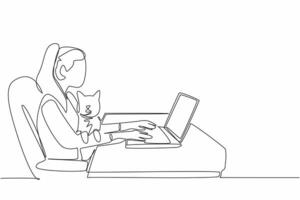 Single continuous line drawing woman typing on laptop while holding cat. Looking for references in online cat lover communities. Adorable. Bond. National Pet Day. One line design illustration vector