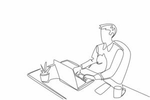 Single one line drawing man typing on laptop while holding cat. Working while caring for animals. Showing cat videos on laptop screen. National Pet Day. Continuous line design graphic illustration vector