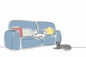 Single continuous line drawing a cat lying on a very soft long sofa and another cat lying on the floor. Same destination different place. Relax. National Pet Day. One line design illustration vector