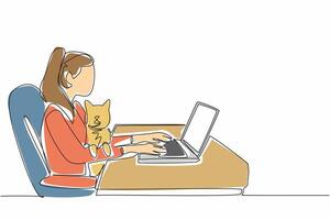 Single continuous line drawing woman typing on laptop while holding cat. Looking for references in online cat lover communities. Adorable. Bond. National Pet Day. One line design illustration vector