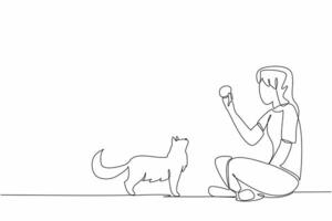 Single one line drawing woman sitting cross-legged playing knitting ball with her cat. Train the sensitivity of a cat. Increase bonding. National Pet Day. Continuous line design graphic illustration vector
