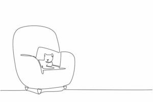 Single one line drawing cat lying on a very soft single sofa. Take advantage of free time when the pawrent is not in the room. Relax. National Pet Day. Continuous line design graphic illustration vector