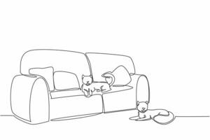 Single continuous line drawing a cat lying on a very soft long sofa and another cat lying on the floor. Same destination different place. Relax. National Pet Day. One line design illustration vector