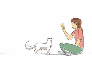 Single one line drawing woman sitting cross-legged playing knitting ball with her cat. Train the sensitivity of a cat. Increase bonding. National Pet Day. Continuous line design graphic illustration vector
