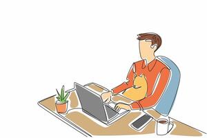 Single one line drawing man typing on laptop while holding cat. Working while caring for animals. Showing cat videos on laptop screen. National Pet Day. Continuous line design graphic illustration vector