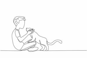 Single continuous line drawing boy sitting cross-legged holding head of cat. Adorable spoiled cat behavior. Joking around to pass the time. Cute. National Pet Day. One line design illustration vector