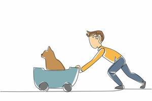 Single one line drawing a boy is pushing a wheeled cart containing a cat. Playing happily. Taking care of pets. Fun and cheerful. Cute. National Pet Day. Continuous line design graphic illustration vector
