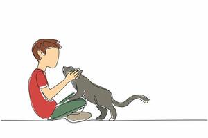 Single continuous line drawing boy sitting cross-legged holding head of cat. Adorable spoiled cat behavior. Joking around to pass the time. Cute. National Pet Day. One line design illustration vector