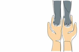 Single continuous line drawing two palms of a person holding two palms of a cat. Building togetherness with the beloved pet cat. Play together. National Pet Day. One line design illustration vector