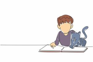 Single one line drawing the boy prone and reading a book with his cat. Seeing a picture of a cat in a book. Attracts attention. Together. National Pet Day. Continuous line design graphic illustration vector
