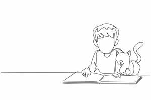 Single one line drawing the boy prone and reading a book with his cat. Seeing a picture of a cat in a book. Attracts attention. Together. National Pet Day. Continuous line design graphic illustration vector